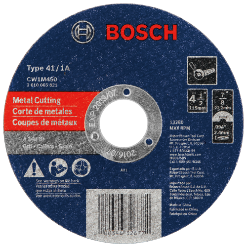 Disque à tronçonner Bosch Type 41/1A CW1M450, dimensions 4 1/2" et 7/8", EXP 2019/07.