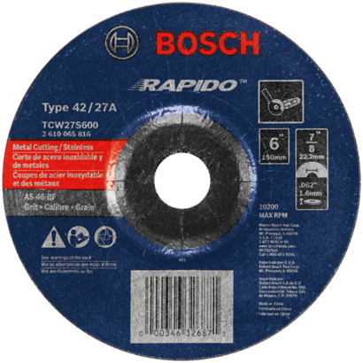 6 In. 1/16 In. 7/8 In. Arbor Type 27A (ISO 42) 46 Grit Rapido™ Fast Metal/Stainless Cutting Abrasive Wheel_TCW27S600_Hero