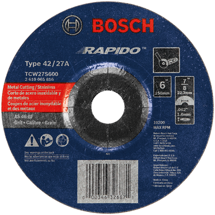 Meule abrasive Rapido™ de 6 po x 1/16 po avec abrasif type 27A (ISO 42), grain 46, alésage de 7/8 po, pour coupe rapide de métal et matériaux inoxydables
