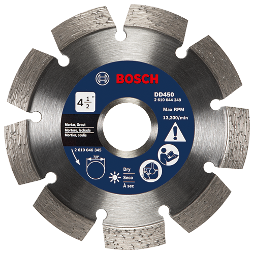 Lame de coupe Bosch 4 1/2" DD450 avec régime maximal de 13 300 tr/min ; pour métal, idéale pour marbre, granit, marine, principalement à sec.