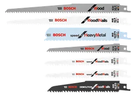 Lames de scie Bosch pour bois, avec clous et métaux lourds : RW96 9"/225mm 6 DPI, RN96 9"/225mm 6 DPI, RSM6X2 8+10 DPI 6"/150mm, RW66 6"/150mm 6 DPI, RSN6V 5/8 DPI, RSN6V 6"/150mm 5/8 DPI et RDN6V 6"/150mm 5/8 DPI.