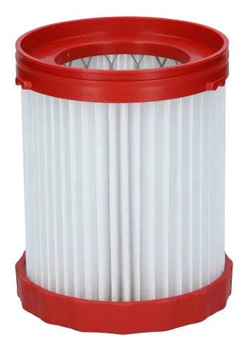 Filtre cylindrique plissé blanc avec anneaux supérieur et inférieur en plastique rouge.