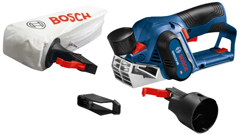 Voici la traduction :

Rabot Bosch GHO12V-08 avec sac à poussière et accessoires.