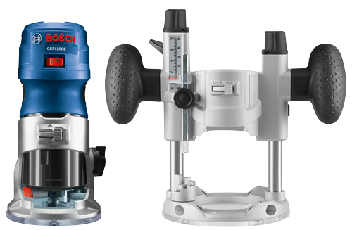 Routeur Bosch GKF125CE et ensemble de base de défonceuse avec échelles de mesure.