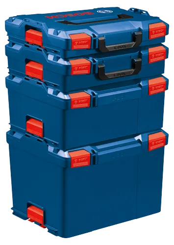 Voici la traduction :

Caisses à outils Bosch L-Box empilées, avec loquets rouges et poignées noires, corps bleu et logo Bosch.