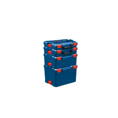 Caisses Bosch L-Box empilées, bleues avec loquets orange, logos visibles.