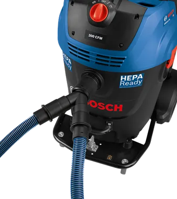 Aspirateur Bosch GAS20-17A HD, avec interrupteur MARCHE/ARRÊT, 300 CFM et étiquette HEPA Ready.