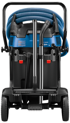 Aspirateur eau et poussière Bosch, TAS20-17A, avec tuyau bleu et châssis noir, avec texte "WARNING" et "BOSCH" visible.