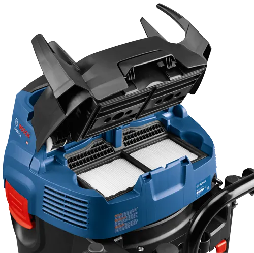 Aspirateur Bosch GAS20-17A, bleu et noir, dessus ouvert, avec filtres visibles, avec étiquette d'avertissement.