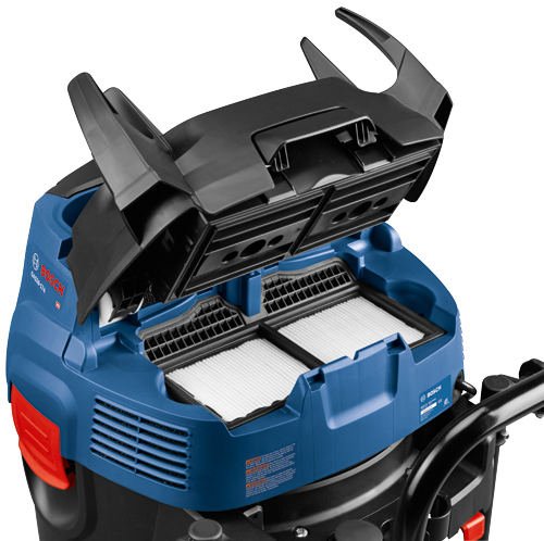Aspirateur Bosch GAS20-17A, bleu et noir, dessus ouvert, avec filtres visibles, avec étiquette d'avertissement.