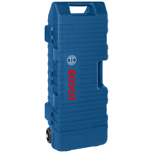 Mallette à outils bleue Bosch avec poignée, roues et logo Bosch.