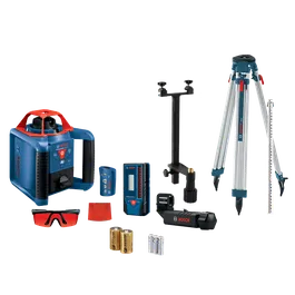Niveau laser et kit trépied Bosch, comprenant un niveau laser, des lunettes, des piles et un trépied.