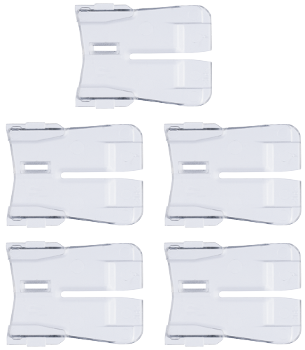 Cinq objets en plastique transparent avec une fente rectangulaire et une découpe à la base.