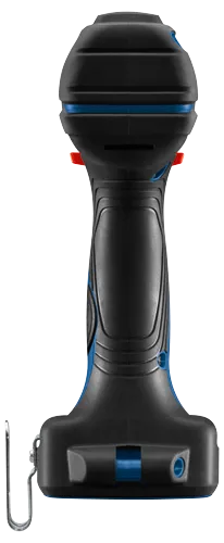 Perceuse électrique Bosch noire et bleue, avec des touches de rouge et de bleu, et un crochet en métal.