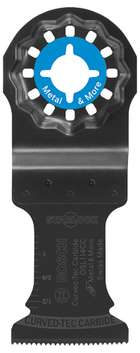 Lame Bosch Curved-Tec Carbide OSL114CC, avec mentions "Metal & More", "STARLOCK" et "Swiss Made".