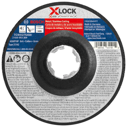 Disque à tronçonner X-LOCK de 4-1/2 po x 0,045 po pour arbre type 27A (ISO 42), grain 60, pour la coupe rapide des métaux et aciers inoxydables