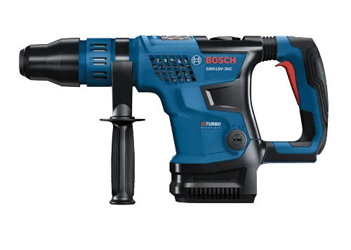 Perfuradora com percussão Bosch GBH18V-36C, com tecnologia BiTurbo Brushless. Boschhammer visible.
