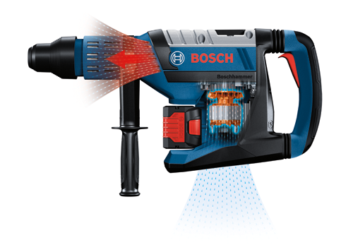 Perfeito. Aqui está a tradução:

Perceuse à percussion Bosch "Boschhammer", bleue et noire avec des touches de rouge, avec une coupe interne révélant les composants et le flux d'air, et le logo Bosch.