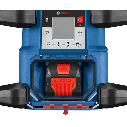 Produit Bosch, avec texte "BOSCH" visible et boutons fonctionnels, icône Bluetooth et bouton d'alimentation, avec des touches de rouge et de noir.