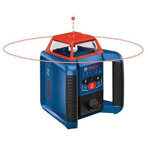 Outil de nivellement Bosch avec cercle laser, faisceau laser rouge visible.