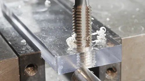 Taraudage de filetages par une filière métallique dans une feuille de plastique transparente montée sur une table métallique, avec des copeaux visibles.