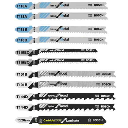 Jeu de 11 lames de scie sauteuse à accroche en T pour stratifiés/bois/métal