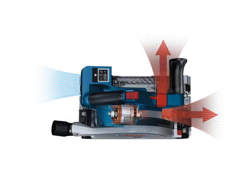 Scie électrique Bosch, coupe transversale avec flèches directionnelles indiquant le flux d'air, échelles de mesure et indicateur de batterie ECO.