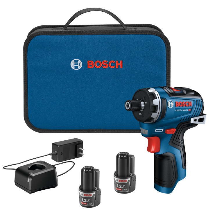 Bosch GSR12V-300HX HD perceuse sans fil, batteries 12 V MAX 2,0 Ah Li-Ion, chargeur et coffret bleu avec logo "BOSCH".