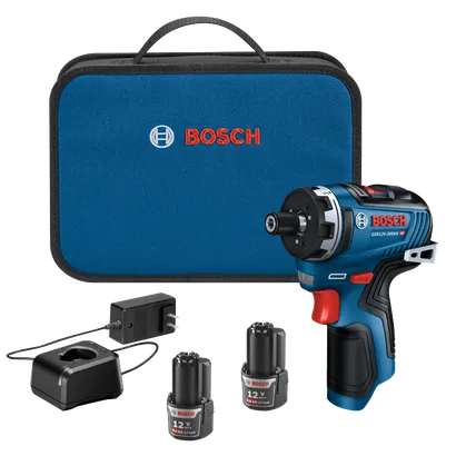 Bosch GSR12V-300HX HD perceuse sans fil, batteries 12 V MAX 2,0 Ah Li-Ion, chargeur et coffret bleu avec logo "BOSCH".