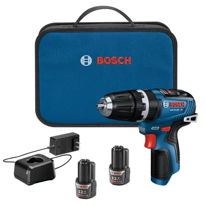 Bosch GSB12V-300 HD perceuse sans fil, chargeur, 2 batteries et coffret de transport bleu avec texte "BOSCH".