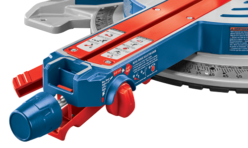 Bouton de sélection d'angle de biseau Bosch avec texte "0-45° Gauche, Droite", "Angle de biseau max. à 47° Gauche ou Droite".