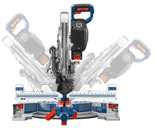 Scie à onglet sans fil BITURBO BRUSHLESS Bosch avec indicateur de niveau de batterie, protection de lame et échelles angulaires.