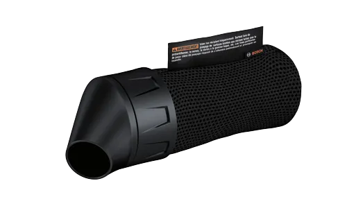 Objet Bosch avec surface en maille et étiquette attachée avec le texte "AVERTISSEMENT", "Vider les récipients fréquemment. Surtout lors du ponçage de surfaces traitées aux résines telles que le polyuréthane, le vernis, le vernis à la gomme-laque, etc. Les fines particules de poussière de ponçage risquent de s'allumer spontanément et provoquer un incendie." et le logo Bosch.