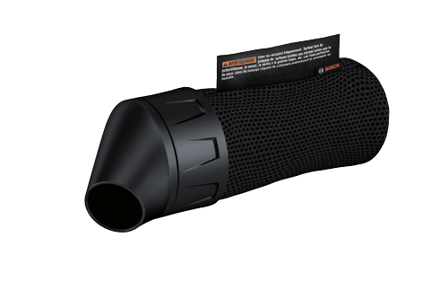 Objet Bosch avec surface en maille et étiquette attachée avec le texte "AVERTISSEMENT", "Vider les récipients fréquemment. Surtout lors du ponçage de surfaces traitées aux résines telles que le polyuréthane, le vernis, le vernis à la gomme-laque, etc. Les fines particules de poussière de ponçage risquent de s'allumer spontanément et provoquer un incendie." et le logo Bosch.