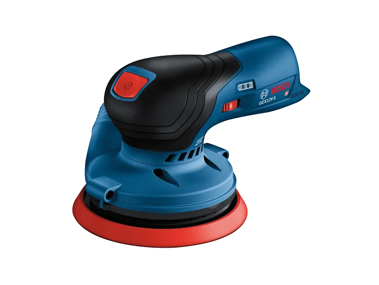 Bosch GEX12V-5 ponceuse orbitale avec des accents rouges et noirs.