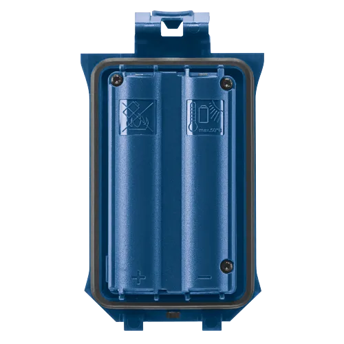 Compartiment de batterie en plastique bleu avec texte "max.50°C" et symboles d'avertissement.