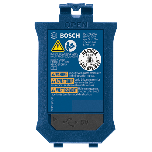 Batterie Bosch BA3.7V1.0AhA, 1607A350N9, Entrée 5V == / 1A, 3.7V == 1.0Ah, 3.7 Wh Li-Ion, avertissement : utiliser uniquement avec les outils Bosch, fabriqué en Chine.
