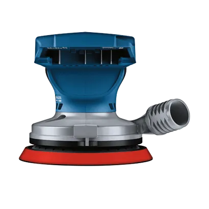 Ponceuse sans fil Bosch, corps bleu et argent, avec patin orange.