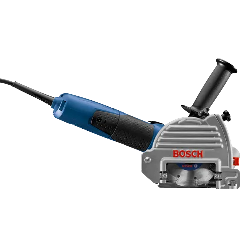 Outil Bosch avec "BOSCH" visible sur le boîtier et une lame circulaire.