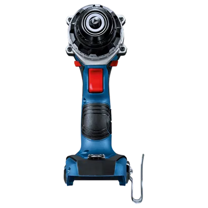 Perceuse électrique Bosch bleue et noire avec un bouton rouge et un crochet en métal argenté.