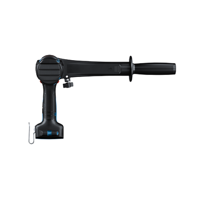 O texto traduzido é:

**Outil électroportatif Bosch noir et bleu avec poignée.**