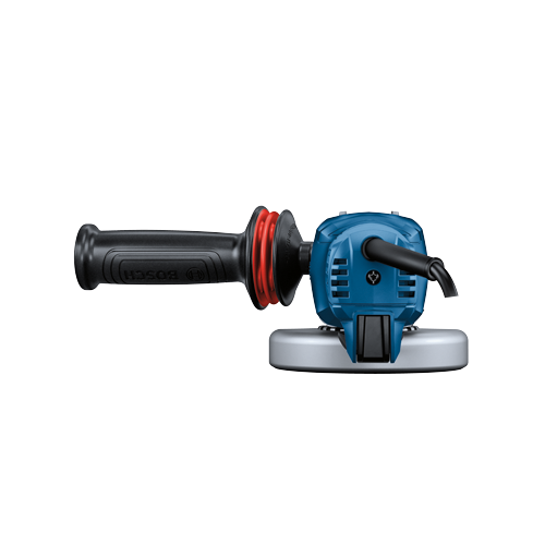 Meuleuse d'angle électrique Bosch avec une poignée noire et un carter moteur bleu. La meuleuse est dotée d'un anneau rouge entre la poignée et le moteur.