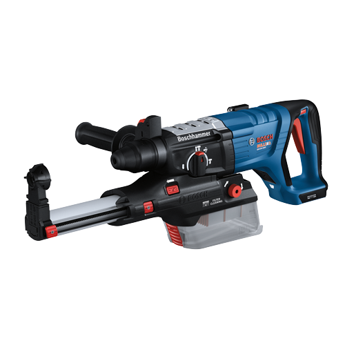Marteau perforateur sans fil Boschhammer, avec marquages "Boschhammer" et "Bosch", et texte "Filter Cleaning".