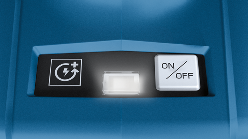 Panneau bleu avec une section noire affichant un rectangle éclairé, un symbole blanc avec un éclair et un signe plus, et un interrupteur "ON/OFF".