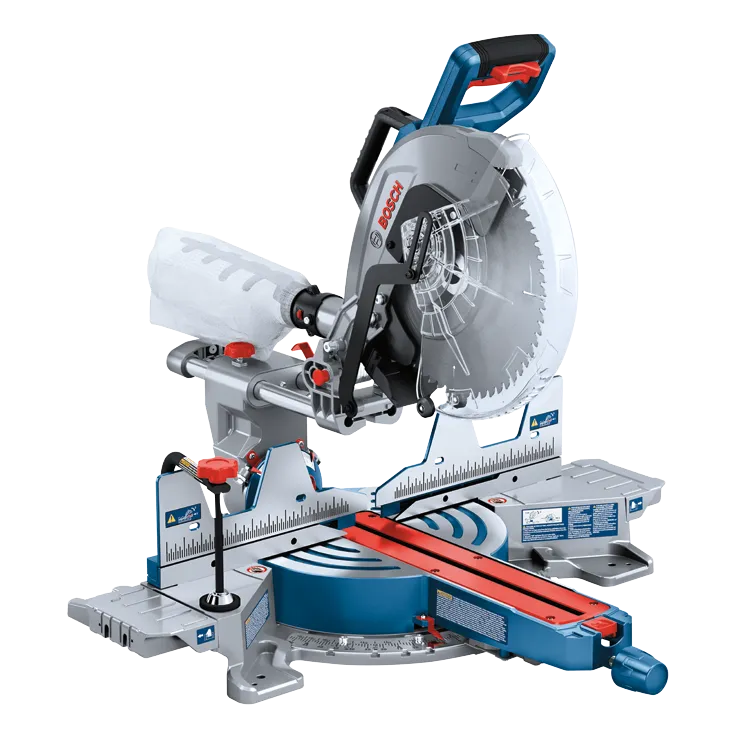 Scie à onglet Bosch avec lame, accents rouges et bleus, texte "BOSCH" visible.