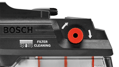 Composant Bosch en plastique noir, avec texte "BOSCH", "FILTER CLEANING" et cadran orange.