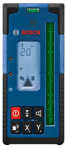 Niveau numérique Bosch, affichage indiquant "20 mm", avec boutons pour marche/arrêt, flèches, haut-parleur et options de menu.