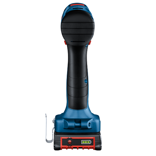 Perceuse Bosch bleue et noire avec bouton "On" et indicateur de niveau de batterie.