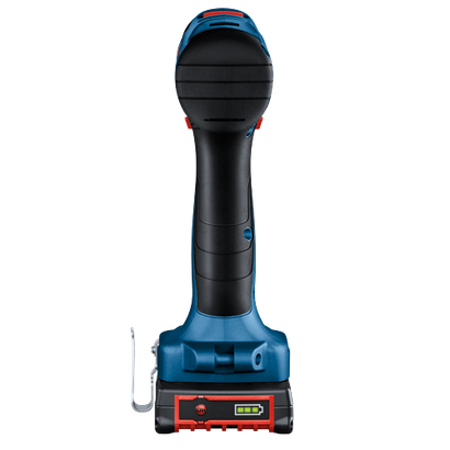 Perceuse Bosch bleue et noire avec bouton "On" et indicateur de niveau de batterie.