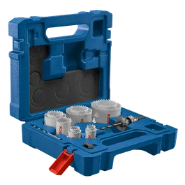 Kit de trépans Bosch dans un coffret bleu avec "BOSCH" visible sur les scies cloches.